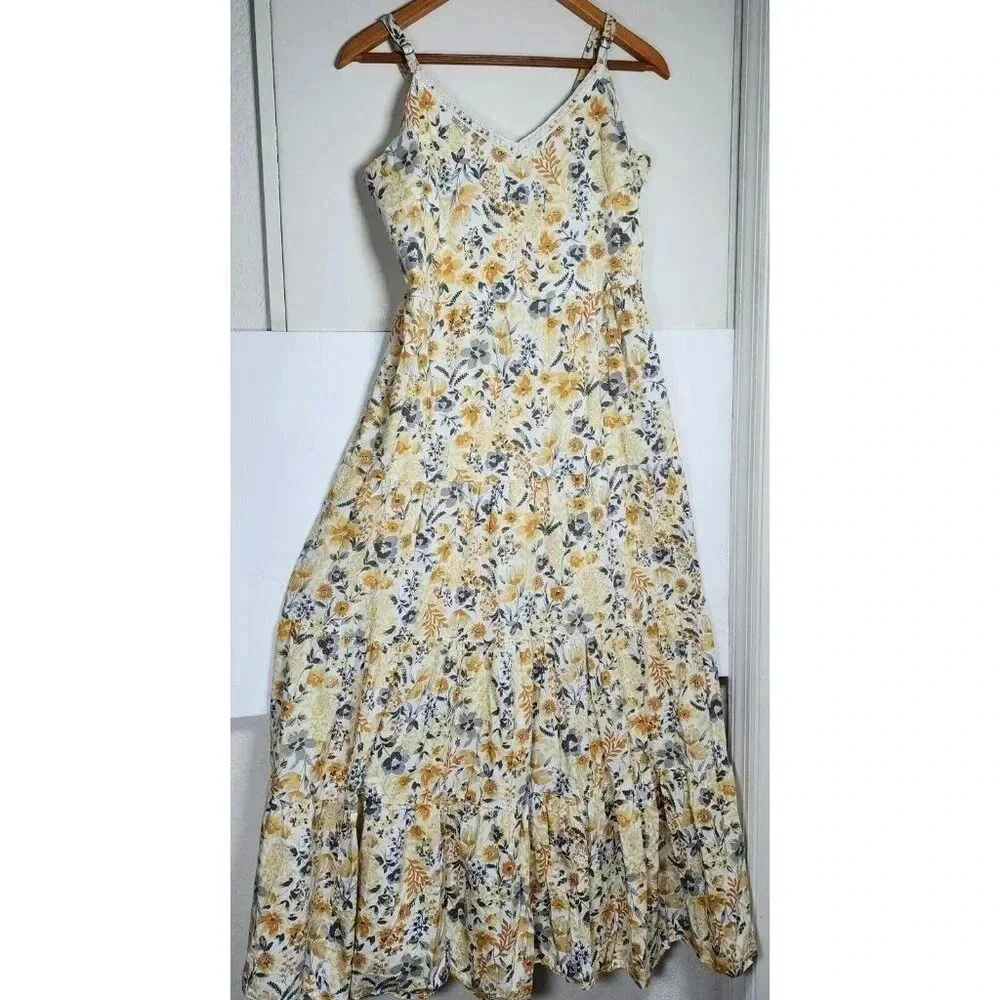 Joie V-neck Maxi Dress Yellow Floral Boho Tiered Impire Cotton Size 10 Women's - Picture 2 of 13